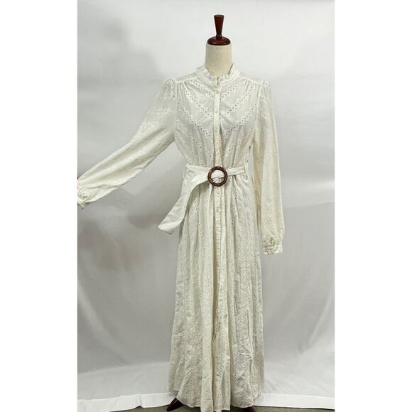 SEZANE Sz 40 8 Ecru Havane Eyelet Belted Maxi Shirt Dress - Picture 2 of 11